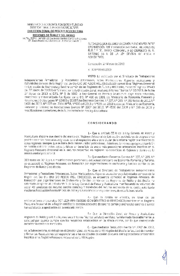 Res. Ex. N° 39-2019 (DZP VIII) Autoriza cesión Anchoveta y sardina común Regiones de Ñuble y del Biobío.