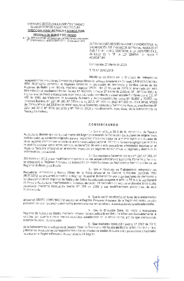 Res. Ex. N° 40-2019 (DZP VIII) Autoriza cesión Anchoveta y sardina común Regiones de Ñuble y del Biobío.