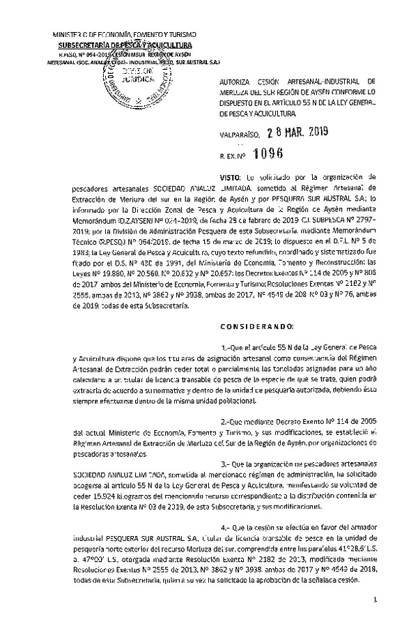 Res. Ex. N° 1096-2019 Cesión Merluza del sur Región de Aysén.