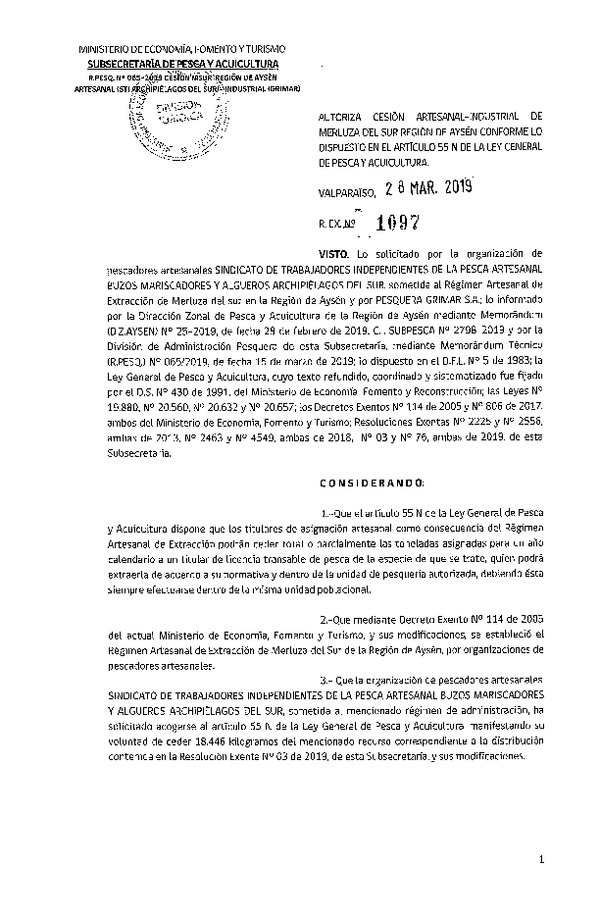 Res. Ex. N° 1097-2019 Cesión Merluza del sur Región de Aysén.