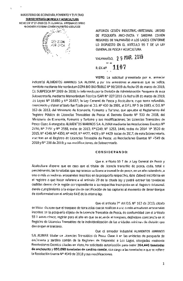 Res. Ex. N° 1107-2019 Autoriza cesión pesquería Anchoveta y Sardina común, Regiones de Valparaíso a Los Lagos.