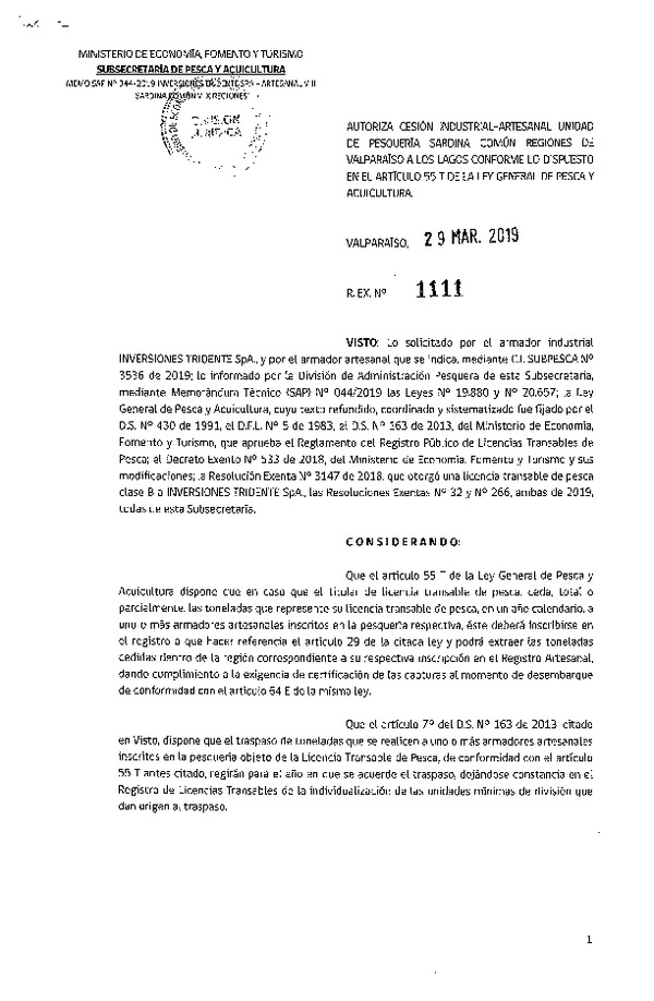 Res. Ex. N° 1111-2019 Autoriza cesión pesquería Anchoveta y Sardina común, Regiones de Valparaíso a Los Lagos.