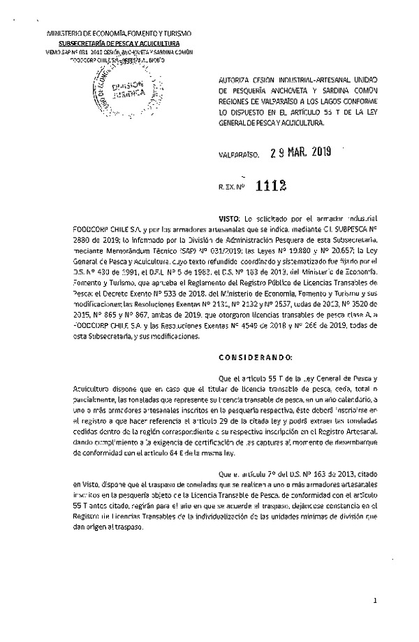 Res. Ex. N° 1112-2019 Autoriza cesión pesquería Anchoveta y Sardina común, Regiones de Valparaíso a Los Lagos.