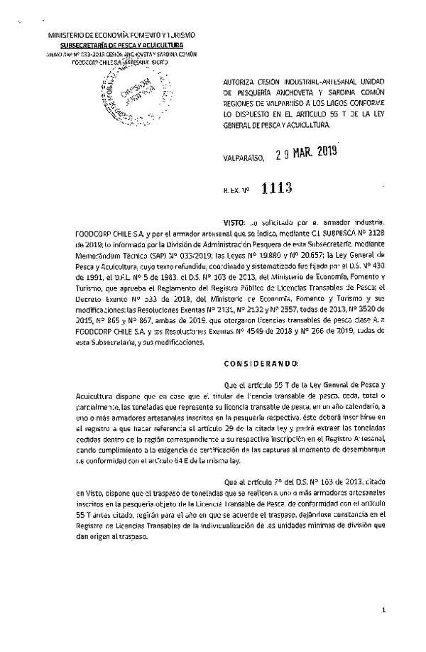 Res. Ex. N° 1113-2019 Autoriza cesión pesquería Anchoveta y Sardina común, Regiones de Valparaíso a Los Lagos.