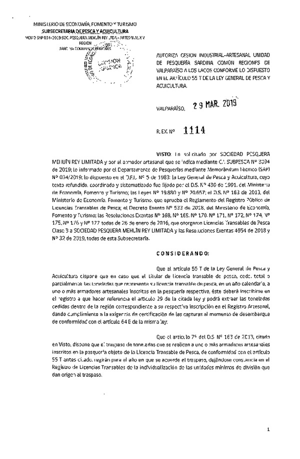 Res. Ex. N° 1114-2019 Autoriza cesión pesquería Anchoveta y Sardina común, Regiones de Valparaíso a Los Lagos.