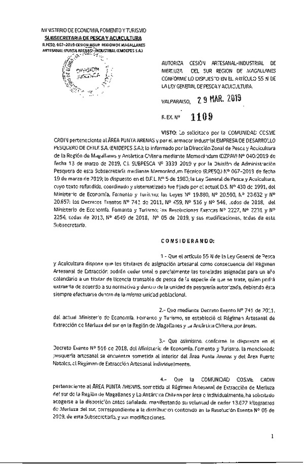 Res. Ex. N° 1109-2019 Cesión Merluza del sur Región de Magallanes.