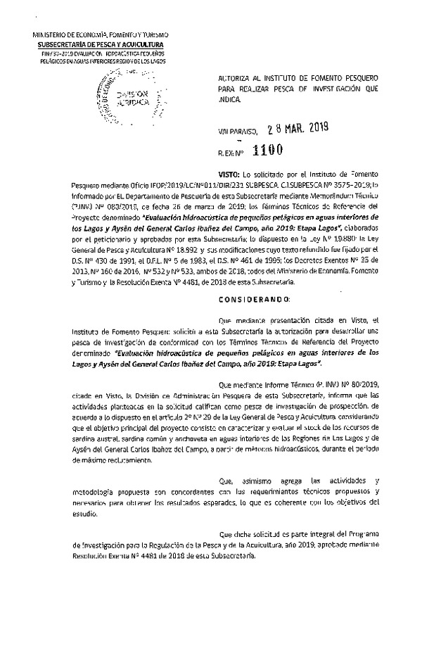 Res. Ex. N° 1100-2019 Evaluación Hidroacústica de pequeños pelágicos en aguas interiores de Los Lagos y Aysén del General Carlos Ibañes del Campo, año 2019.