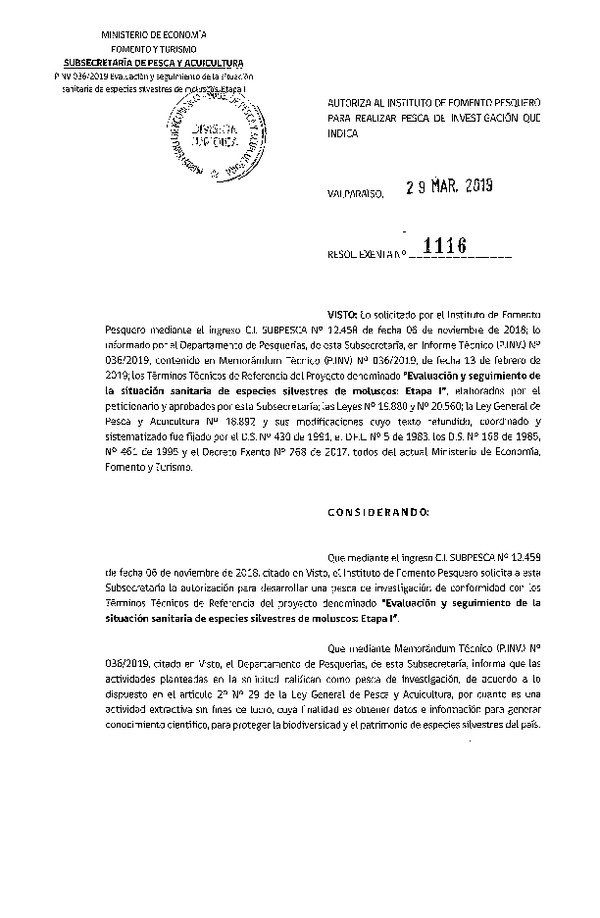 Res. Ex. N° 1116-2019 Evaluación y seguimiento de situación sanitaria de especies silvestres de moluscos Etapa I.