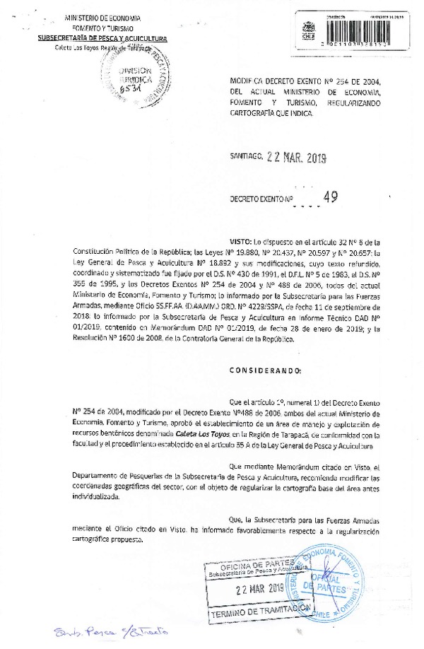 Dec. Ex. N° 49-2019, Modifica Dec. Ex. N° 254-2004, Regulariza Cartografía que Indica, Caleta Los Toyos, Región de Tarapacá. (Publicado en Página Web 29-03-2019) (F.D.O. 02-04-2019)