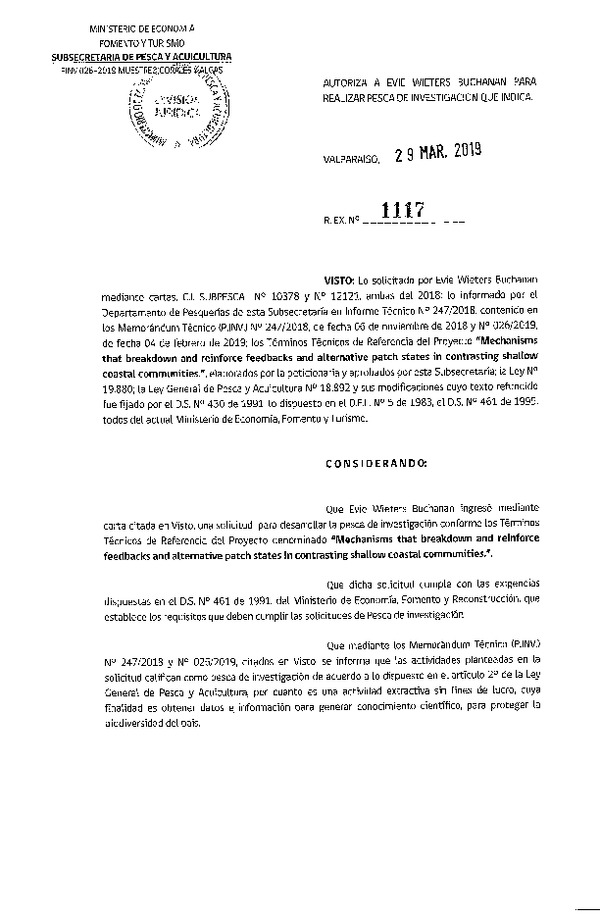 Res. Ex. N° 1117-2019 Muestreo de corales y algas.