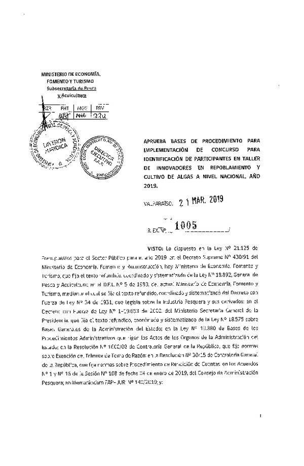 Res. Ex. N° 1005-2019 Aprueba bases de procedimiento para implementación de concurso para identificación de participantes en taller de innovadores en repoblamiento y cultivo de algas, año 2019. (Publicado en Página Web 02-04-2019)