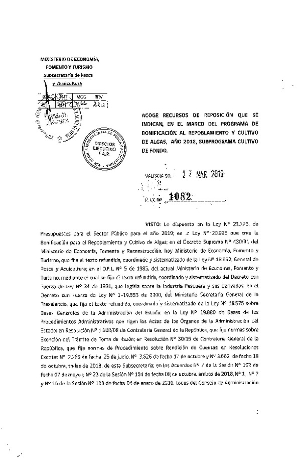 Res. Ex. N° 1082-2019 Acoge recursos de reposición que se indican en el marco del programa de bonificación al repoblamiento y cultivo de de algas, año 2018. (Publicado en Página Web 02-04-2019)