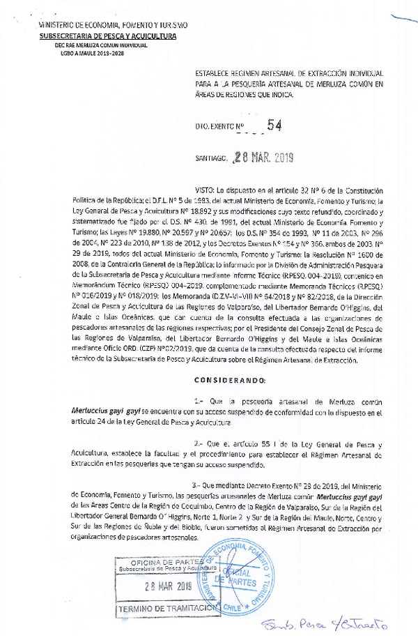 Dec. Ex. N° 54-2019 Establece Régimen Artesanal de Extracción Individual para la Pesquería Artesanal de Merluza común, Regiones del Libertador General Bernardo O’ Higgins y del Maule. (Publicado en Página Web 03-04-2019) (F.D.O. 04-04-2019)