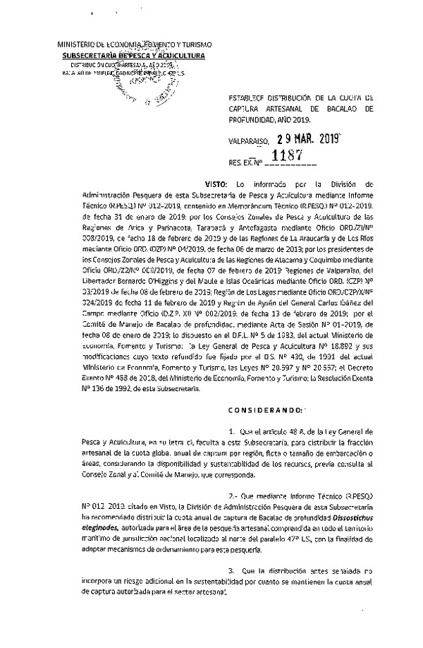 Res. Ex. N° 1187-2019 Establece Distribución de la Cuota de Captura Artesanal de Bacalao de Profundidad, Año 2019-. (Publicado en Página Web 03-04-2019) (F.D.O. 11-04-2019)