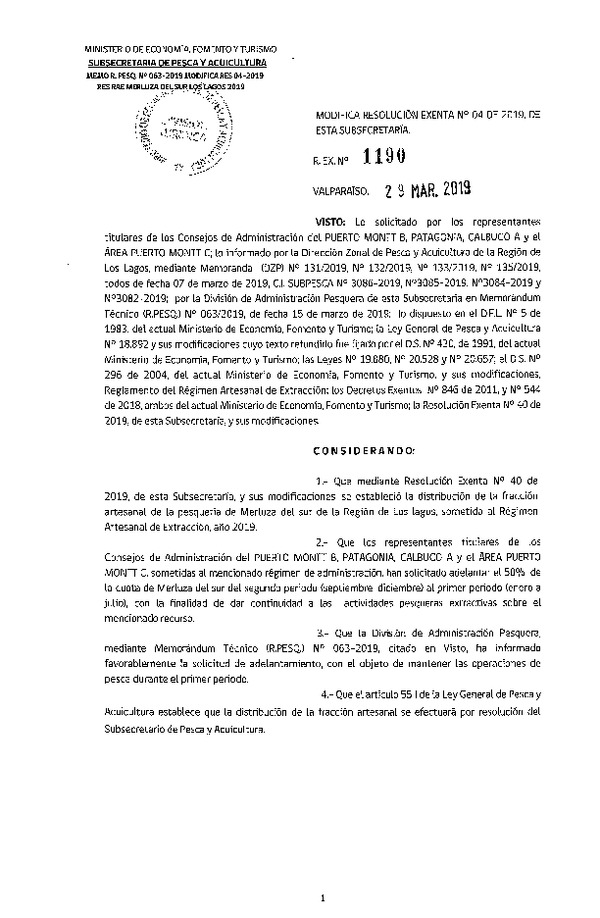 Res. Ex. N° 1190-2019 Modifica Res. Ex. N° 4-2019 Distribución de la Fracción Artesanal de Pesquería de Merluza del Sur por Área, Región de Los Lagos, año 2019. (Publicado en Página Web 03-04-2019)