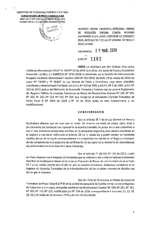 Res. Ex. N° 1192-2019 Autoriza cesión pesquería Sardina común, Regiones de Valparaíso a Los Lagos.