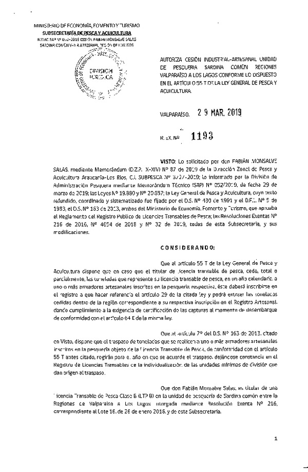 Res. Ex. N° 1193-2019 Autoriza cesión pesquería Sardina común, Regiones de Valparaíso a Los Lagos.