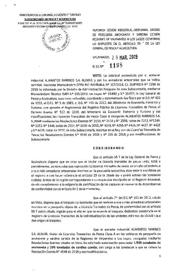 Res. Ex. N° 1198-2019 Autoriza cesión pesquería Anchoveta y Sardina común, Regiones de Valparaíso a Los Lagos.