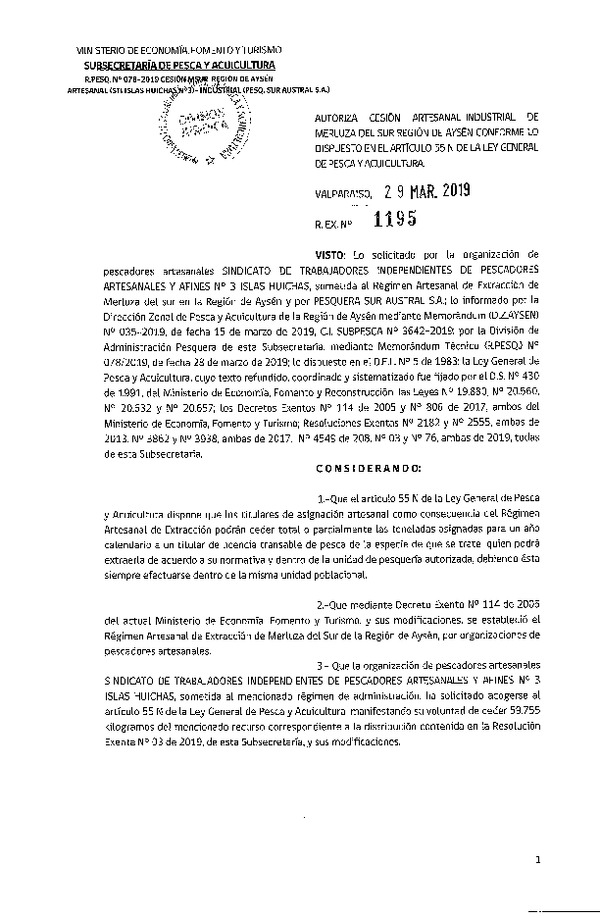 Res. Ex. N° 1195-2019 Cesión Merluza del sur Región de Aysén.