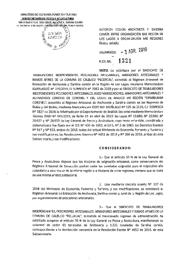 Res. Ex. N° 1321-2019 Autoriza cesión Anchoveta y Sardina común Región de Los Lagos a Región del Biobío.