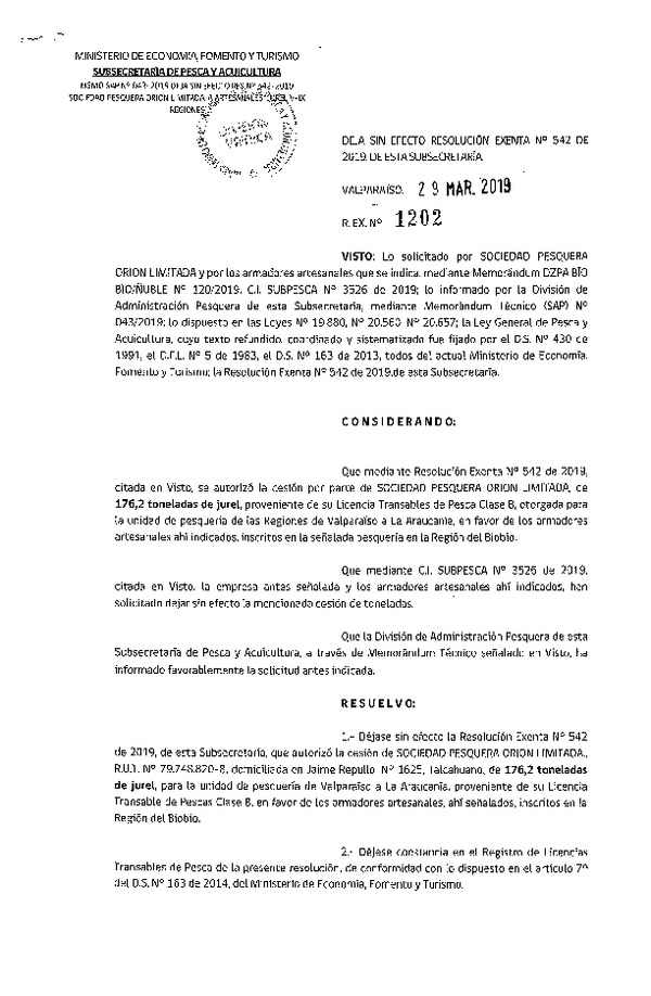 Res. Ex. N° 1202-2019 Deja sin efecto Res. Ex. N° 542-2019 Autoriza cesión pesquería Jurel, Regiones de Valparaíso a La Araucanía.