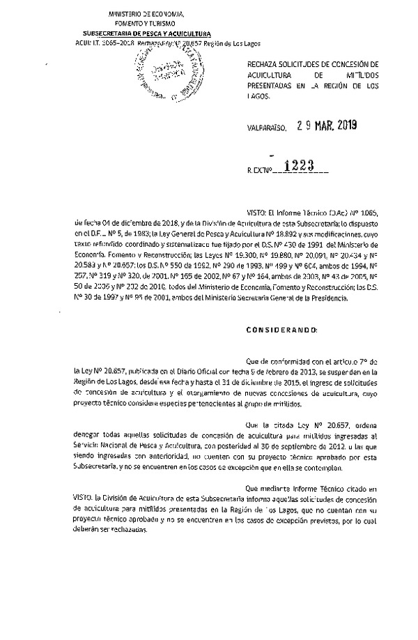 Res. Ex. N° 1223-2019 Rechaza solicitudes de concesión de acuicultura de mitílidos que indica.