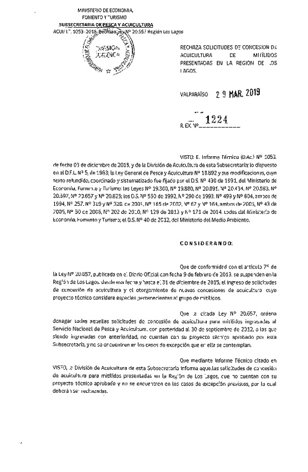 Res. Ex. N° 1224-2019 Rechaza solicitudes de concesión de acuicultura de mitílidos que indica.