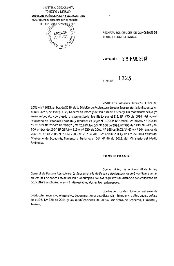 Res. Ex. N° 1225-2019 Rechaza solicitudes de concesión de acuicultura que indica.