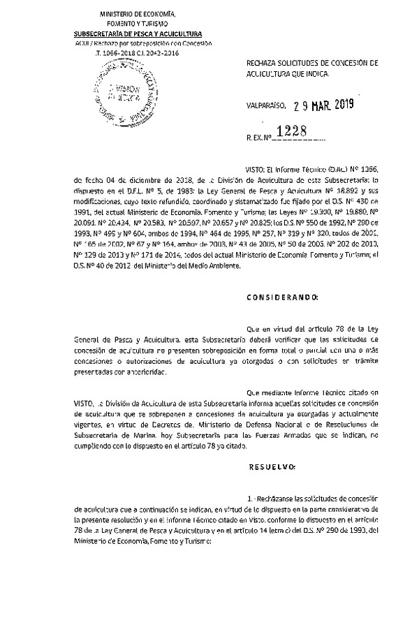 Res. Ex. N° 1228-2019 Rechaza solicitudes de concesión de acuicultura que indica.