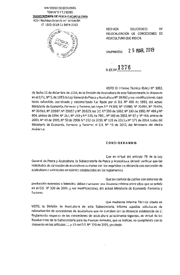 Res. Ex. N° 1276-2019 Rechaza solicitudes de concesión de acuicultura que indica.