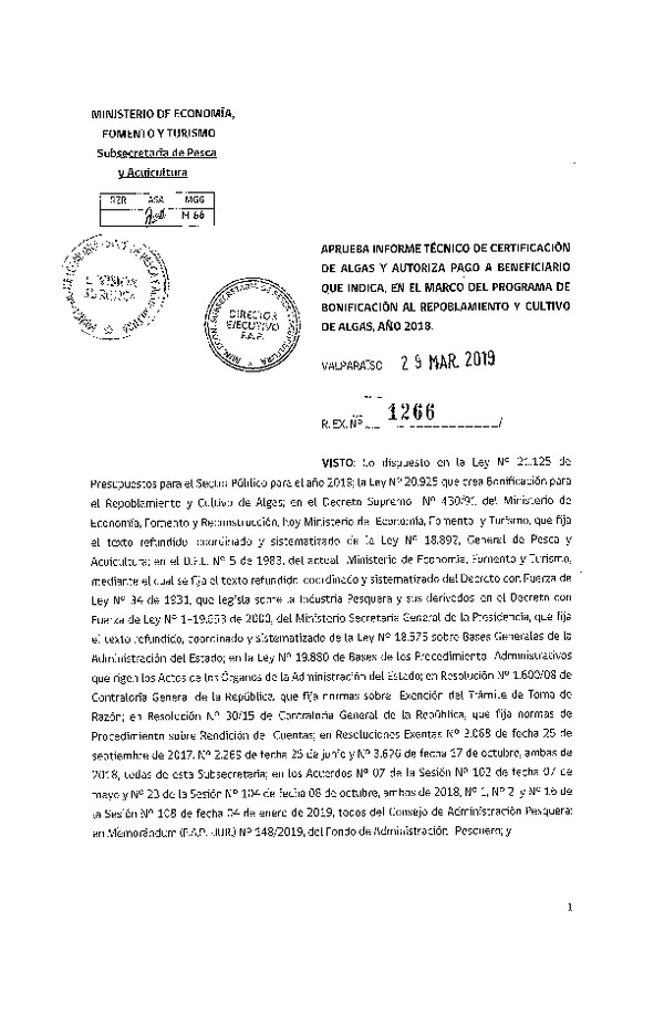 Res. Ex. N° 1266-2019 Aprueba informes técnicos de certificación de algas y autoriza pago que indica, en el marco del programa de bonificación al repoblamiento y cultivo de algas, año 2018. (Publicado en Página Web 04-04-2019)