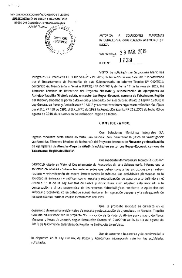 Res. Ex. N° 1139-2019 Rescate y relocalización de ejemplares de almejas.