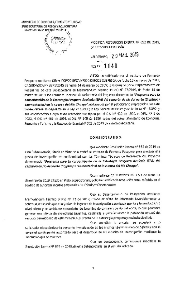 Res. Ex. N° 1140-2019 Modifica Res. Ex. N° 652-2019 Programa para la consolidación de la estrategia Pesquero Acuícola (EPA), del camarón de río.