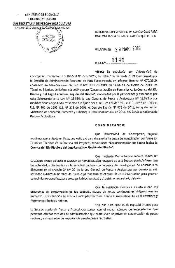 Res. Ex. N° 1141-2019 Caracterización de fauna ícitca, Región del Biobío.