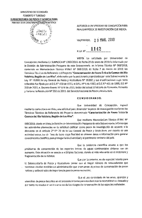 Res. Ex. N° 1142-2019 Caracterización de fauna ícitca, Región de Los Ríos.