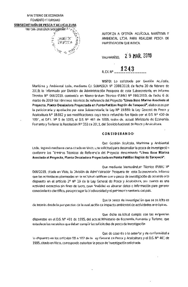 Res. Ex. N° 1243-2019 Línea base marina, Región de Tarapacá.