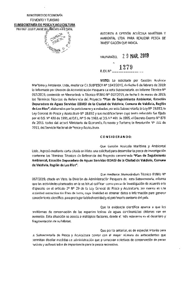 Res. Ex. N° 1279-2019 Plan de seguimiento ambiental, Región de Los Ríos.