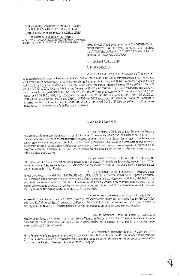 Res. Ex. N° 41-2019 (DZP VIII) Autoriza cesión Anchoveta y sardina común Regiones de Ñuble y del Biobío.