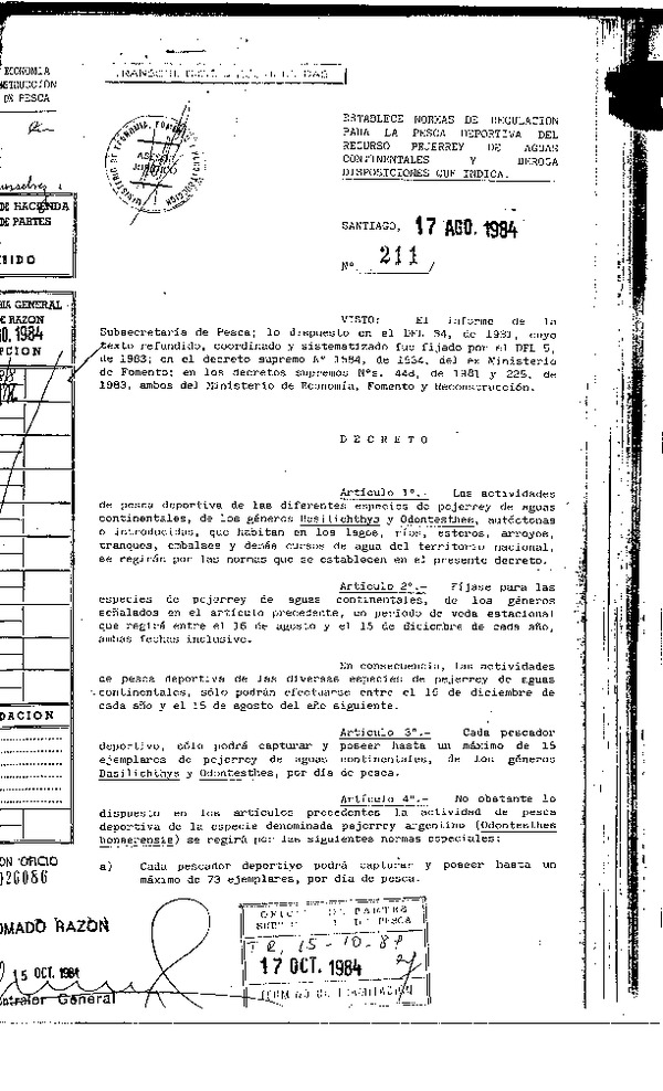 D.S. N° 211-1984 Establece Normas de Regulación  para la Pesca Deportiva del Recurso Pejerrey de Aguas Continentales y Deroga Disposiciones que Indica.