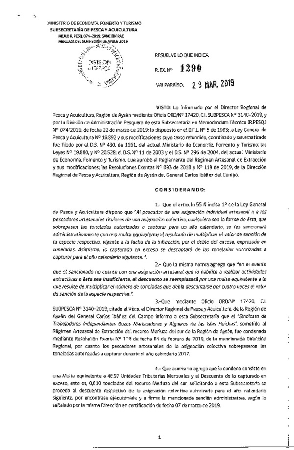 Res. Ex. N° 1290-2019 Sanción RAE Merluza del sur, Región de Aysén. (Publicado en Página Web 04-04-2019)