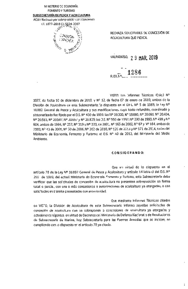 Res. Ex. N° 1286-2019 Rechaza solicitud de concesión de acuicultura que indica.