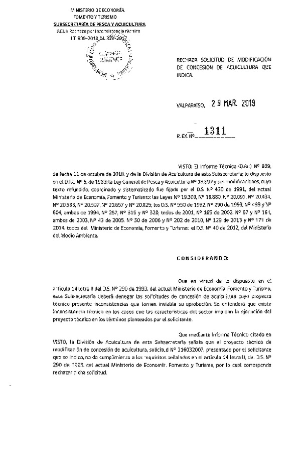 Res. Ex. N° 1311-2019 Rechaza solicitud de modificación de concesión de acuicultura que indica.