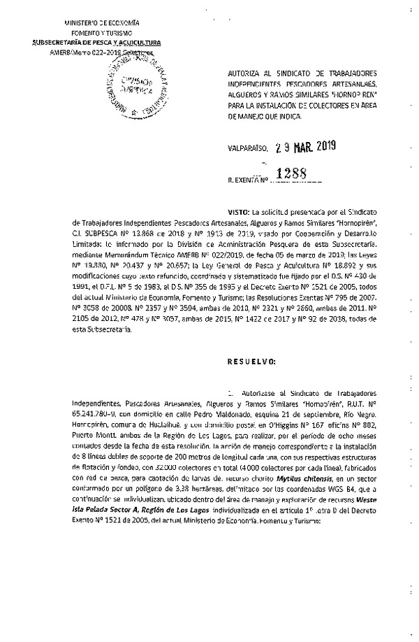 Res. Ex. N° 1288-2019 Instalación de Colectores.