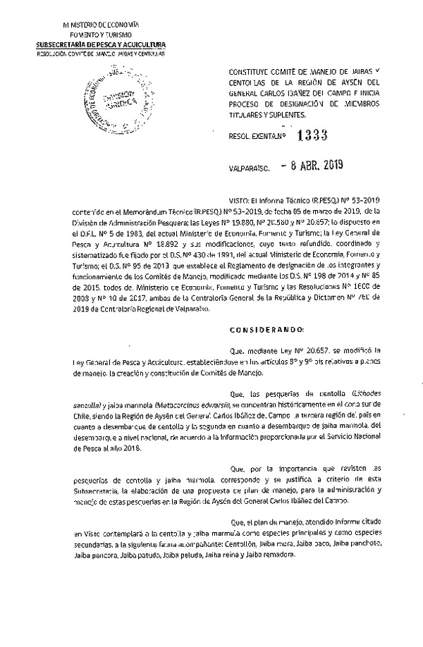 Res. Ex. N° 1333-2019 Constituye Comité de Manejo de Jaibas y Centollas de la Región de Aysén e Inicia Proceso de Designación de Miembros Titulares y Suplentes. (Con Informe Técnico) (Publicado en Página Web 09-04-2019) (F.D.O. 16-04-2019)