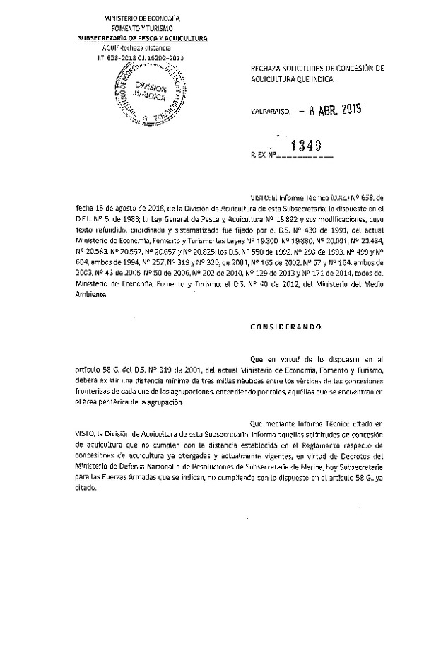 Res. Ex. N° 1349-2019 Rechaza solicitudes de concesión de acuicultura que indica.