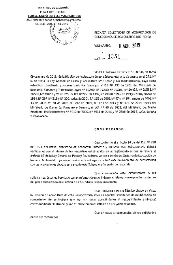 Res. Ex. N° 1351-2019 Rechaza solicitudes de modificación de concesiones de acuicultura que indica.