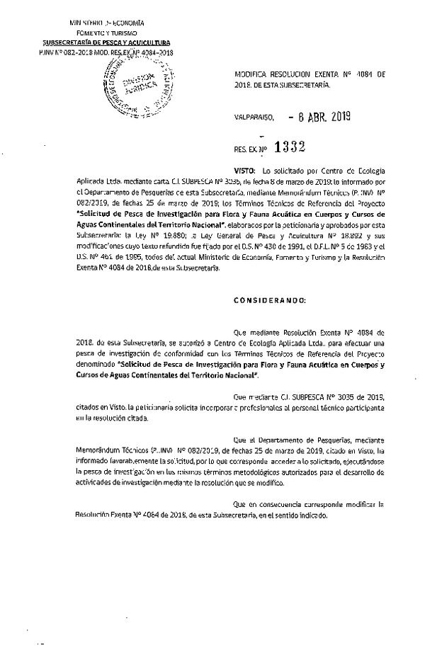 Res. Ex. N° 1332-2019 Modifica Res. Ex. N° 4084-2018 Flora y fauna acuática.