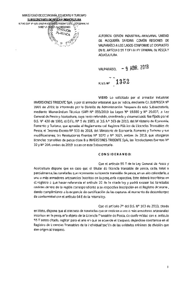 Res. Ex. N° 1352-2019 Autoriza cesión pesquería Sardina común, Regiones de Valparaíso a Los Lagos.