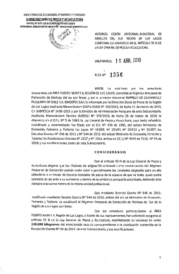 Res. Ex. N° 1356-2019 Cesión Merluza del sur Región de Los Lagos.