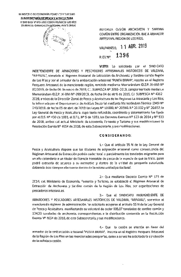 Res. Ex. N° 1396-2019 Autoriza cesión Anchoveta y sardina común Región de Los Ríos.